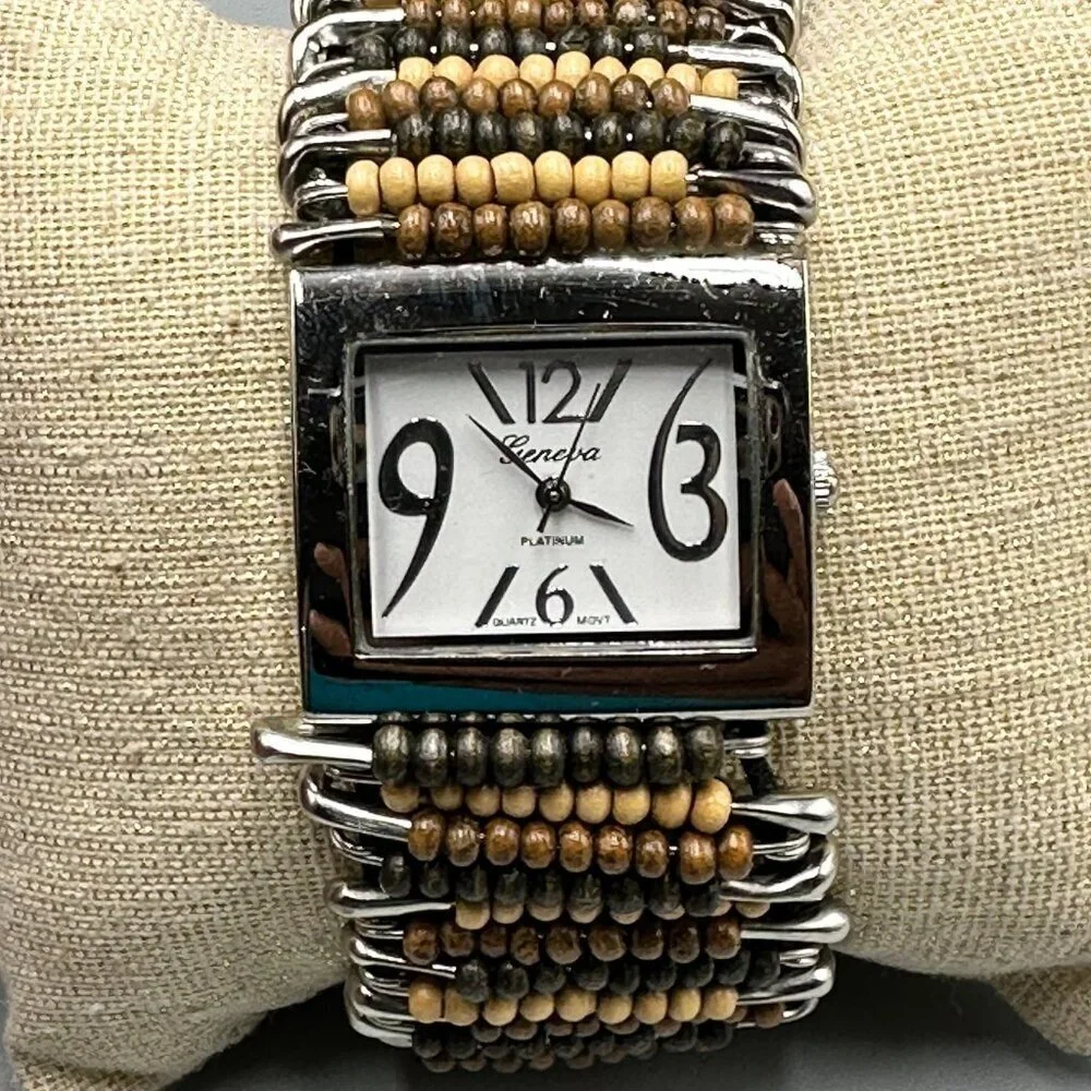 3/$30 Geneva Watch Women Silver Brown Wood Beads Safety Pins Stretch Band 7.25